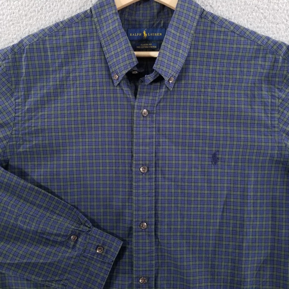 Ralph Lauren Shirt Mens XL Navy Plaid Classic Fit Button Down Cotton Stretch